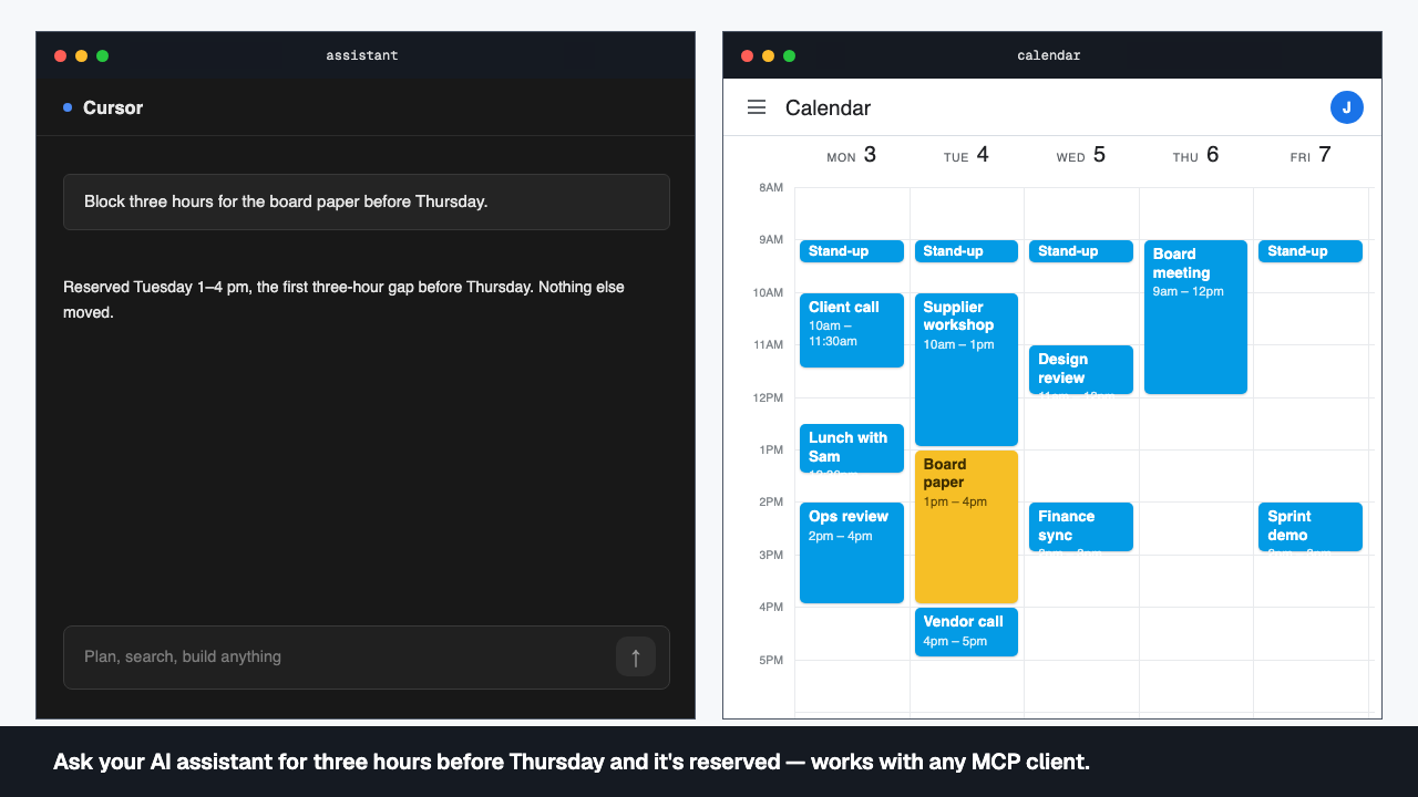 An assistant chat asking for three hours for the board paper before Thursday, beside a calendar week with the block reserved on Tuesday afternoon.
